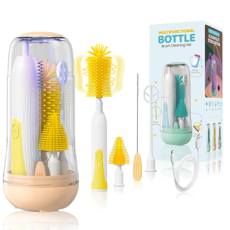 IvyWind Electric Travel Baby Bottle Brush Set with Storage Box, Automatic Bottle Cleaner Brush Kit with Silicone Bottle/Nipple/Straw Brush,Milk Frother Electric and Drainage Rack, Rechargeable, Yellow - Image 1
